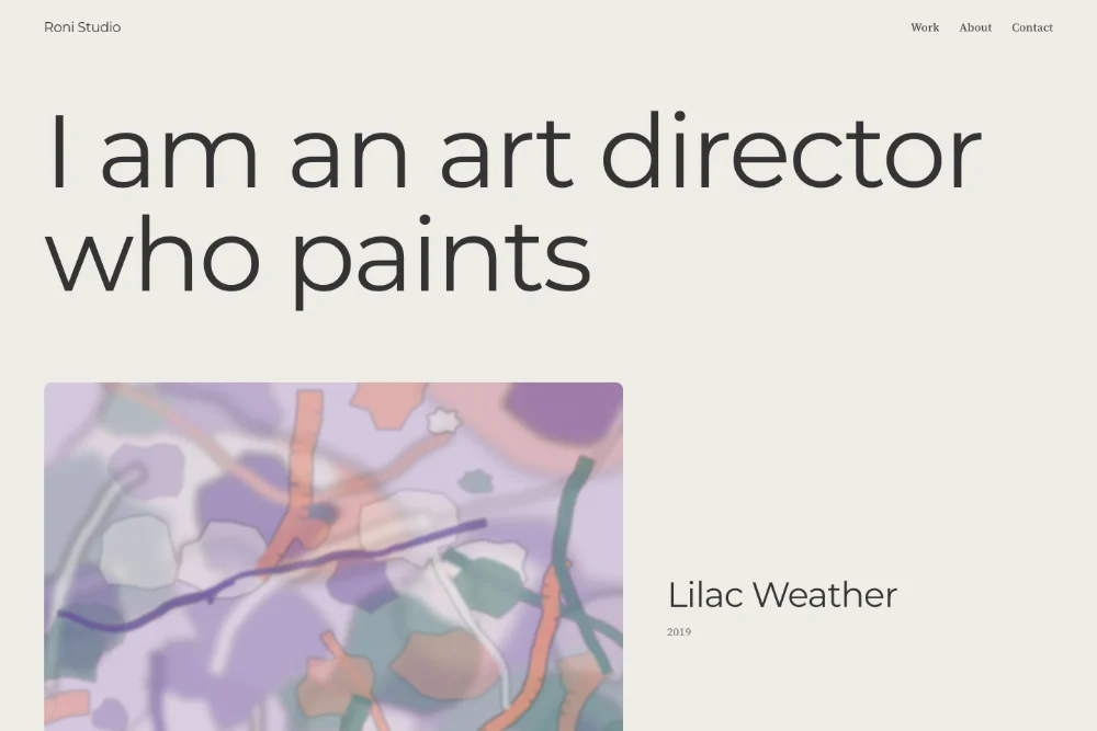 The same portfolio opening on its line, I am an art director who paints, set very large above a lilac abstract painting and its title, Lilac Weather